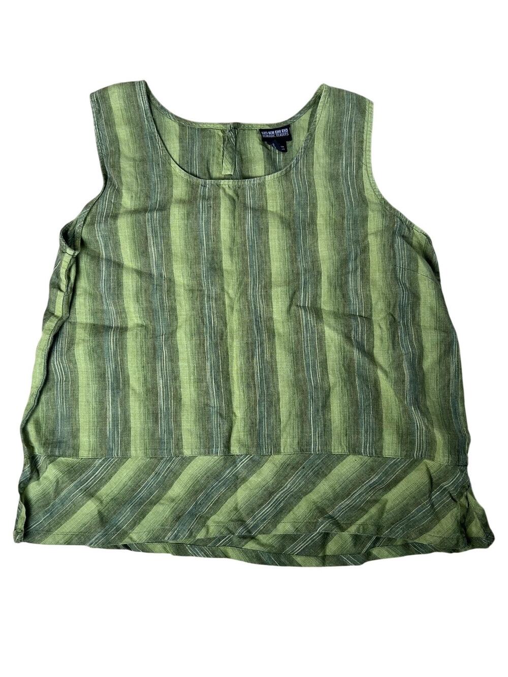 Nomadic Traders Tank Womens L Green 100% Linen Striped Scoop Neck Casual